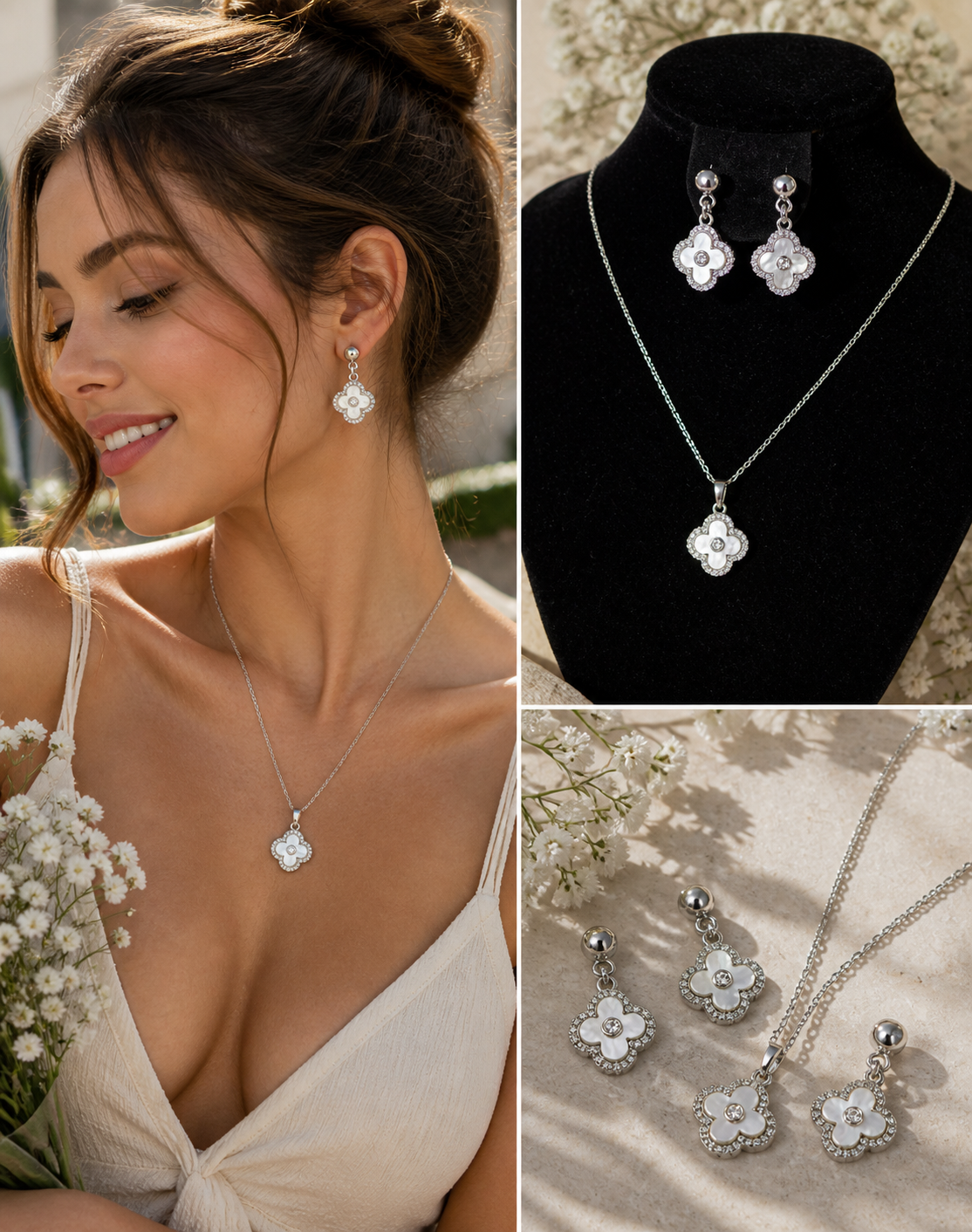 Juego de clover con circones color plata con blanco