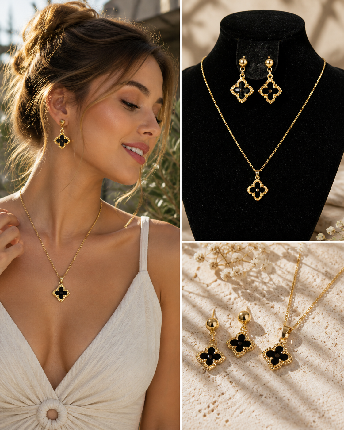 Juego de trébol en puntas Dorado con negro.